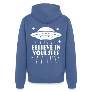 Croyez en vous OVNI - Veste à capuche bio Premium Unisexe - bleu pigeon - Dos - Nico (187cm)