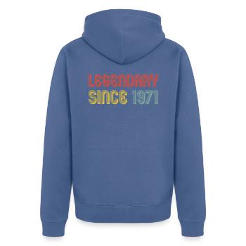 legendary since 1971 - Unisex Premium Bio Zip Hoodie - Taubenblau - Hinten - Nico (187cm)