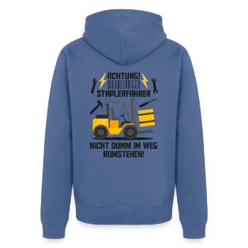 Achtung, wahnsinniger Staplerfahrer, Lustiger Spru - Unisex Premium Bio Zip Hoodie - Taubenblau - Hinten - Nico (187cm)
