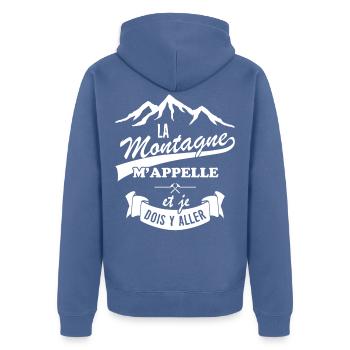 Tshirt Randonnée - La Montagne m'appelle - Veste à capuche bio Premium Unisexe - bleu pigeon - Dos - Nico (187cm)