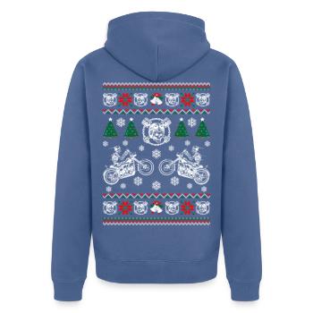 T-shirt pull moche moto Noël cadeau humour - Veste à capuche bio Premium Unisexe - bleu pigeon - Dos - Nico (187cm)