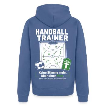 Handballtrainer Geschenk – Grüne Karte & Auszeit - Unisex Premium Bio Zip Hoodie - Taubenblau - Hinten - Nico (187cm)