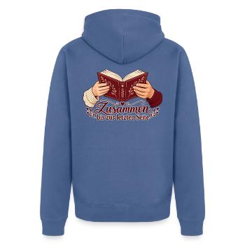 Bücherliebe: Zusammen bis zur letzten Seite - Unisex Premium Bio Zip Hoodie - Taubenblau - Hinten - Nico (187cm)