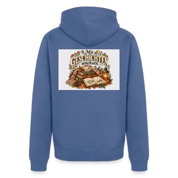 Mit Geschichten wachsen - Unisex Premium Bio Zip Hoodie - Taubenblau - Hinten - Nico (187cm)