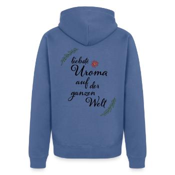 Beste Uroma Geschenk für die liebste Uroma - Unisex Premium Bio Zip Hoodie - Taubenblau - Hinten - Nico (187cm)