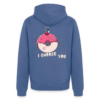 Donut: "ICH WÄHLE DICH" - Unisex Premium Bio Zip Hoodie - Taubenblau - Hinten - Nico (187cm)