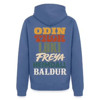 Norse Gottheiten: Odin Thor Loki Freya Baldur - Unisex Premium Bio Zip Hoodie - Taubenblau - Hinten - Nico (187cm)