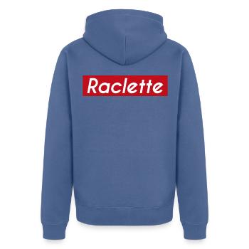Raclette| Wintergericht| Schmelzkäse| Berg - Unisex Premium Bio Zip Hoodie - Taubenblau - Hinten - Nico (187cm)