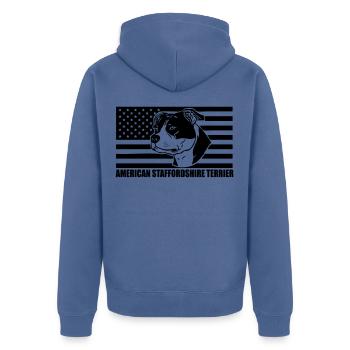 American Stafford © - Unisex Premium Organic Zip Hoodie - stone blue - Back - Nico (187cm)