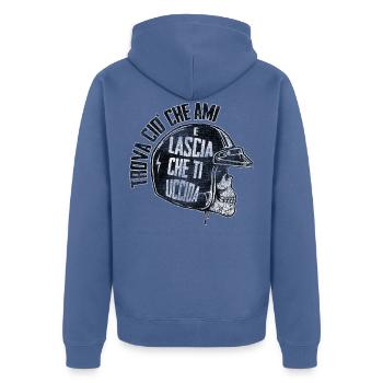 finden Sie Motorrad Ami Schädel Motorrad Biker Café Racer - Unisex Premium Bio Zip Hoodie - Taubenblau - Hinten - Nico (187cm)
