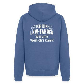 ich bin lkw-fahrer warum ? weil ich's kann ! - Unisex Premium Bio Zip Hoodie - Taubenblau - Hinten - Nico (187cm)