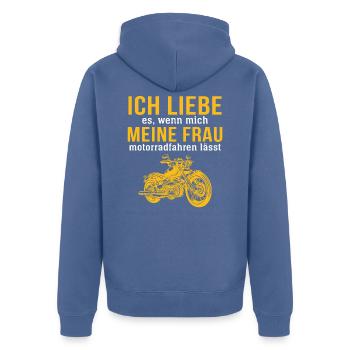 meine frau motorradfahren lässt - Unisex Premium Bio Zip Hoodie - Taubenblau - Hinten - Nico (187cm)