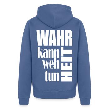 Wahrheit tut weh – Typo-Kontrast - Unisex Premium Bio Zip Hoodie - Taubenblau - Hinten - Nico (187cm)