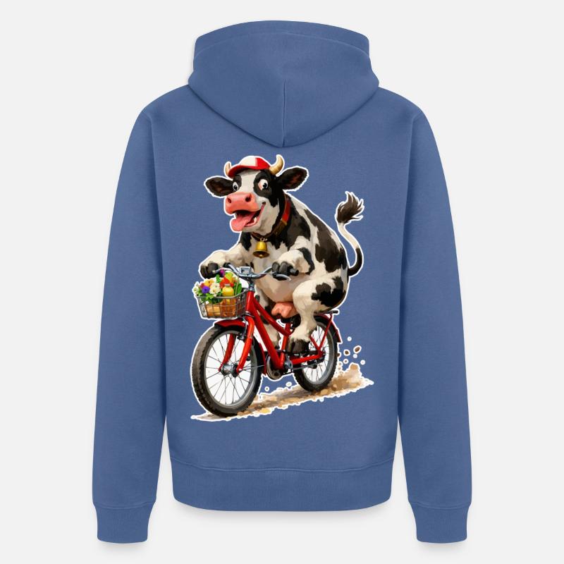 Vache sur vélo avec panier - Veste à capuche bio Premium Unisexe - bleu pigeon
