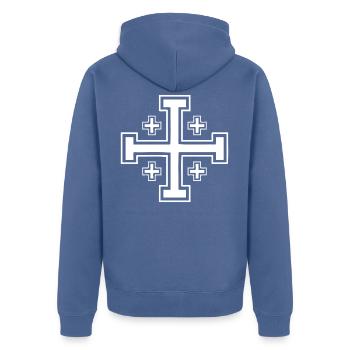 Jerusalem Kreuz - Unisex Premium Bio Zip Hoodie - Taubenblau - Hinten - Nico (187cm)