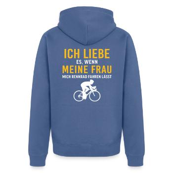 meine frau mich rennrad fahren lässt - Unisex Premium Bio Zip Hoodie - Taubenblau - Hinten - Nico (187cm)