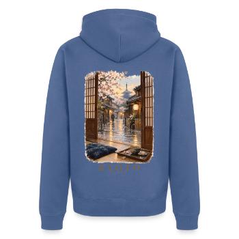 Kyoto Spring durch offene Türen - Unisex Premium Bio Zip Hoodie - Taubenblau - Hinten - Nico (187cm)