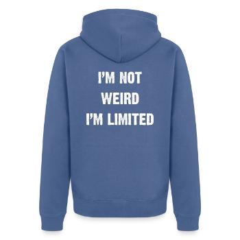 Ich bin nicht komisch Ich bin begrenzt - Unisex Premium Bio Zip Hoodie - Taubenblau - Hinten - Nico (187cm)