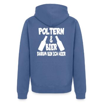 Poltern & Bier Polterabend Junggesellenabschied - Unisex Premium Bio Zip Hoodie - Taubenblau - Hinten - Nico (187cm)