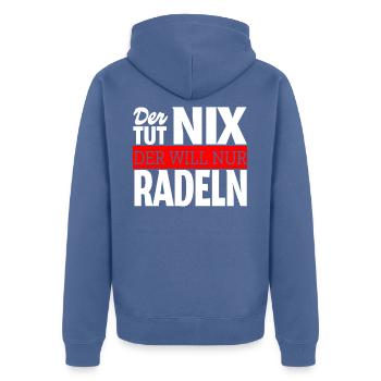 Der will nur Radeln Spruch Biker Mountainbike - Unisex Premium Bio Zip Hoodie - Taubenblau - Hinten - Nico (187cm)