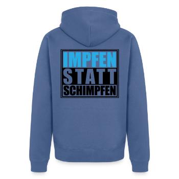 Impfen statt Schimpfen, Corona | Farben änderbar - Unisex Premium Bio Zip Hoodie - Taubenblau - Hinten - Nico (187cm)