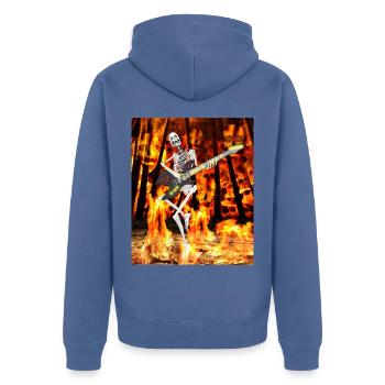 LE SQUELETTE GUITARISTE DANS LE FEU - Veste à capuche bio Premium Unisexe - bleu pigeon - Dos - Nico (187cm)
