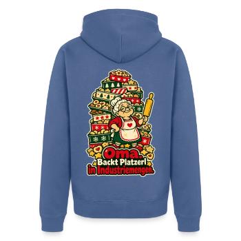 Oma Platzerl in Industriemengen - Unisex Premium Bio Zip Hoodie - Taubenblau - Hinten - Nico (187cm)