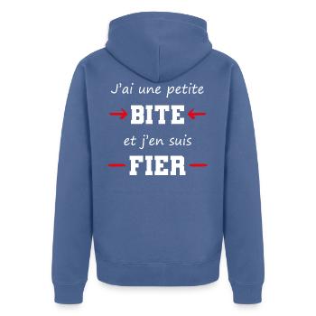 cadeau drôle pote beauf marrant petite bite - Veste à capuche bio Premium Unisexe - bleu pigeon - Dos - Nico (187cm)