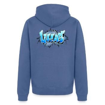 Lucas Graffiti Name - Veste à capuche bio Premium Unisexe - bleu pigeon - Dos - Nico (187cm)