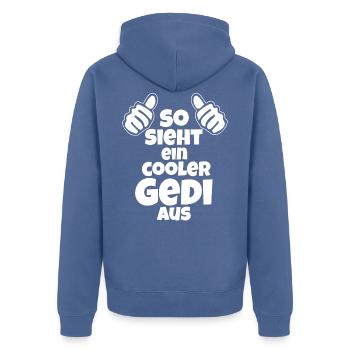So sieht ein cooler Gedi aus Patenonkel Österreich - Unisex Premium Bio Zip Hoodie - Taubenblau - Hinten - Nico (187cm)