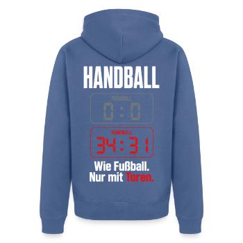 Anzeigetafel 0:0 vs 34:31 – Handballer Shirt - Unisex Premium Bio Zip Hoodie - Taubenblau - Hinten - Nico (187cm)