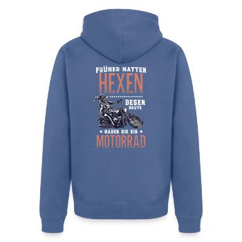Motorrad Motorräder Bikerin Geschenkidee - Unisex Premium Bio Zip Hoodie - Taubenblau - Hinten - Nico (187cm)
