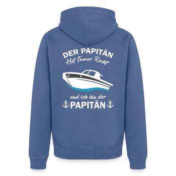 Der Papitän hat immer Recht Kapitän Sportboot - Unisex Premium Bio Zip Hoodie - Taubenblau - Hinten - Nico (187cm)