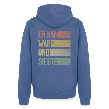 Er kam warf und siegte Boule Boccia Petanque - Unisex Premium Bio Zip Hoodie - Taubenblau - Hinten - Nico (187cm)