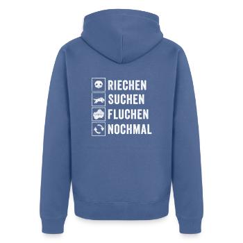 Mantrailing Hundesport Fährtenhund - Unisex Premium Bio Zip Hoodie - Taubenblau - Hinten - Nico (187cm)