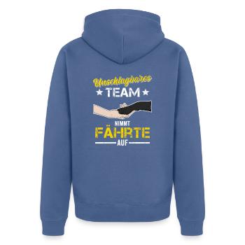 Mantrailing Hundesport Fährtenhund - Unisex Premium Bio Zip Hoodie - Taubenblau - Hinten - Nico (187cm)