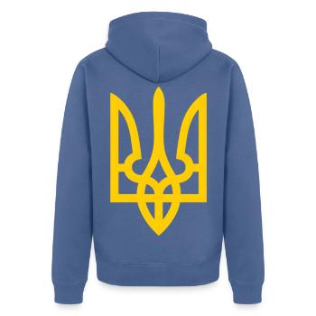 Tryzub Ukraine – Ukrainisches Dreizack-Emblem - Unisex Premium Bio Zip Hoodie - Taubenblau - Hinten - Nico (187cm)
