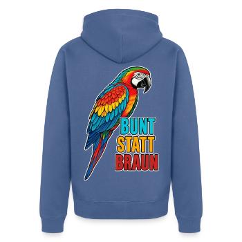 Papagei – Bunt statt braun - Unisex Premium Bio Zip Hoodie - Taubenblau - Hinten - Nico (187cm)