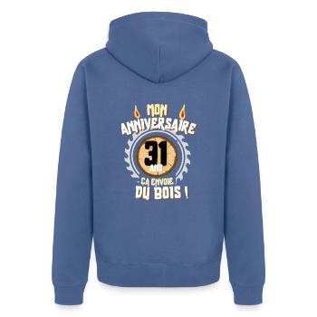 Cadeau anniversaire Homme menuisier 31 ans - Veste à capuche bio Premium Unisexe - bleu pigeon - Dos - Nico (187cm)