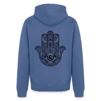 Hand von Fatima - Unisex Premium Bio Zip Hoodie - Taubenblau - Hinten - Nico (187cm)