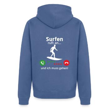 Surfen ruft an und ich muss gehen t-shirt surfer - Unisex Premium Bio Zip Hoodie - Taubenblau - Hinten - Nico (187cm)