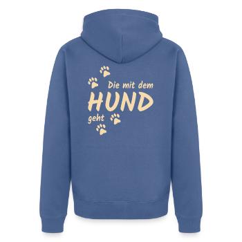 Die mit dem Hund geht - Unisex Premium Bio Zip Hoodie - Taubenblau - Hinten - Nico (187cm)