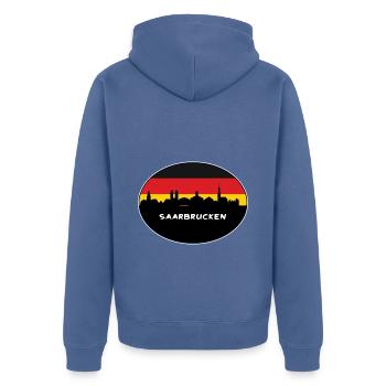 Sarrebruck Allemagne Flag Skyline Silhouette Voyage - Veste à capuche bio Premium Unisexe - bleu pigeon - Dos - Nico (187cm)