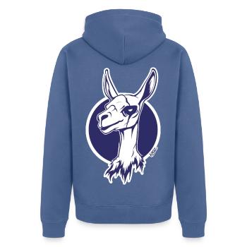 Purple Circle Llama Icon - Unisex Premium Organic Zip Hoodie - stone blue - Back - Nico (187cm)
