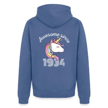 Funny Birthday Awesome Since 1934 - Unisex Premium Organic Zip Hoodie - stone blue - Back - Nico (187cm)