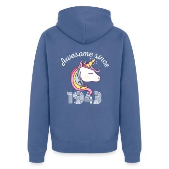 Funny Birthday Awesome Since 1943 - Unisex Premium Organic Zip Hoodie - stone blue - Back - Nico (187cm)