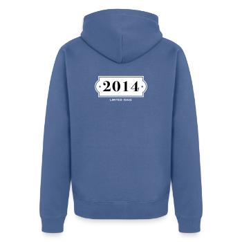 Drôle d’anniversaire numéro limité 2014 - Veste à capuche bio Premium Unisexe - bleu pigeon - Dos - Nico (187cm)