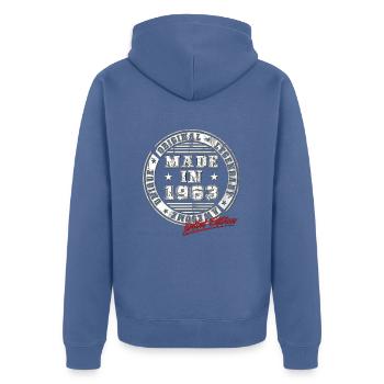 Retro Patch Vintage 1963 Birthday Gift - Unisex Premium Organic Zip Hoodie - stone blue - Back - Nico (187cm)
