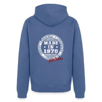 Retro Patch Vintage 1970s Birthday Gift - Unisex Premium Organic Zip Hoodie - stone blue - Back - Nico (187cm)