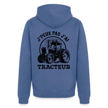 J'Peux Pas J'ai Tracteur Humour Cadeau Fermière - Veste à capuche bio Premium Unisexe - bleu pigeon - Dos - Nico (187cm)